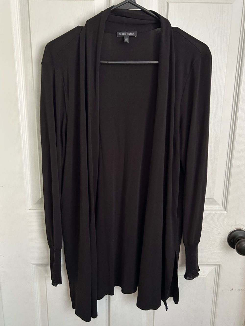 Eileen Fisher 100% Silk Black Open Front Cardigan Womens Large